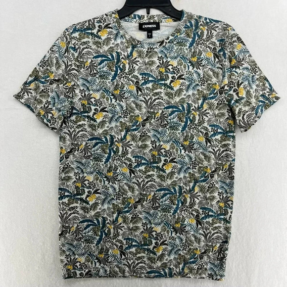 Express Shirt Men's Sz S Green Yellow Tropical Crew Neck Regular Fit Stretch - Picture 1 of 12